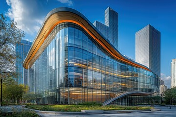 Obraz premium A modern office building with glass walls, skyscrapers in the background, and a blue sky setting.