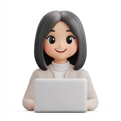 3D memoji representation of an Asian woman typing on a laptop while smiling in a cozy cardigan setting