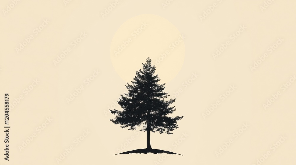 Aufkleber silhouette of a tall evergreen tree against a light background at sunset. generative ai