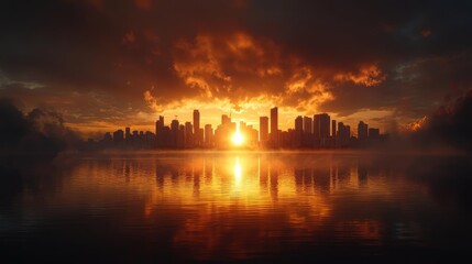 Dramatic sunrise cityscape reflection, misty waterfront