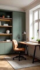 Fototapeta premium Modern home office with stylish decor and natural light flooding the workspace.