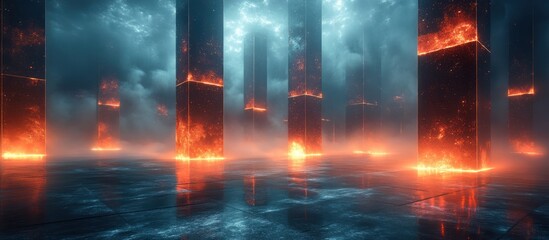 Fiery pillars in a surreal, smoky landscape.