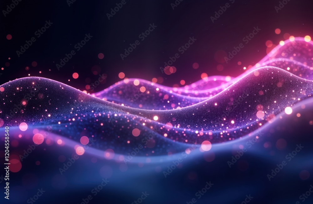 Poster Abstract digital design with purple, pink particles. Soft flowing waves create elegant pattern. Glittering particles make beautiful illustration. Design with motion, energy. Artistic texture, curves
