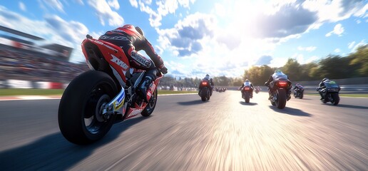 Motorcycle racers speed down track, sunny day - obrazy, fototapety, plakaty