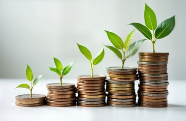 Small plants grow on stacks of coins. Concept of financial growth and investment. Eco-friendly investment idea for future. Savings for retirement are shown. Visual metaphor for wealth building.
