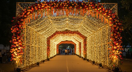 Obraz premium Festive floral archway illuminated by string lights. Colorful flowers, orange and red, with gold lights. Wedding decoration. Party decoration.