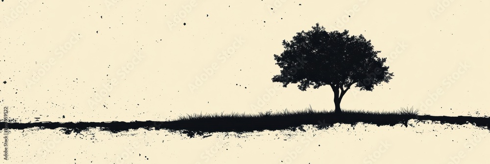 Aufkleber silhouette of a solitary tree on a grass covered horizon during dusk. generative ai