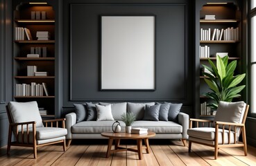 Empty black frame on wall of modern reading room. Armchairs, bookshelves create cozy interior design. Luxury, minimalist style. Contemporary living room template. Ideal for mockups, interior design