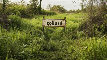Rustic Collard Sign Amidst Overgrown Greenery in a Tranquil Countryside Setting, Reflecting Nature's Untamed Beauty and the Passage of Time