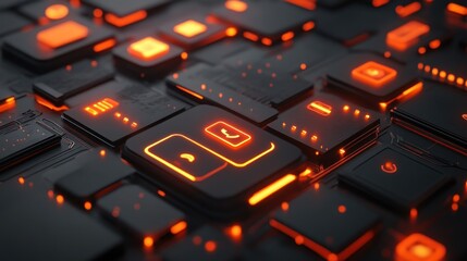 Glowing orange phone and headset icons on a dark tech circuit board.