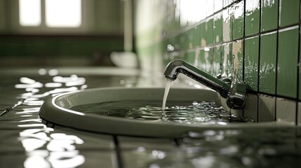 Obraz premium A sink plunger resting on the edge of a clogged bathroom sink filled with murky water