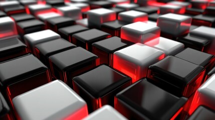 Obraz premium Abstract background of glossy black and white cubes with red highlights.
