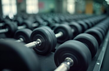 Fototapeta premium Many dark gray dumbbells stand in row in gym. Exercise equipment fills space. Interior shot of fitness center gym. Focus on dumbbells. Workout gear in modern setting. Healthy lifestyle equipment.