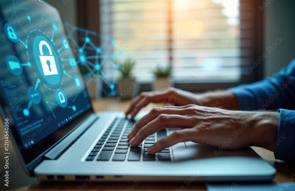 Poster person types on laptop. laptop screen displays vpn icon with security symbols. person using tech for