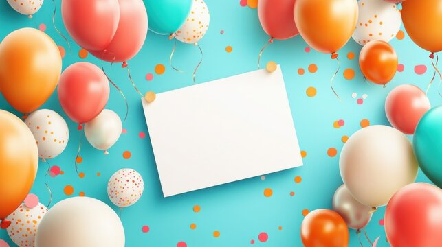 Blank card surrounded by colorful balloons and confetti on a blue background.