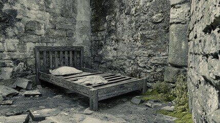A wooden bed frame covered in mold and mildew, left in a damp corner of a crumbling stone building
