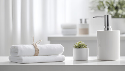 Fototapeta premium Ceramic soap, towel, copy space on blurred white spa background