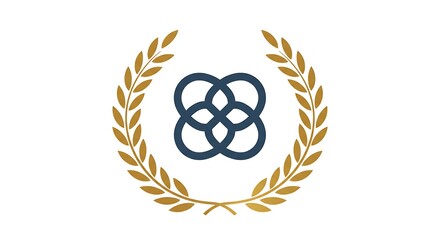 Gold laurel wreath encircles dark blue emblem.  Awarding achievement design. Circular, intertwined.