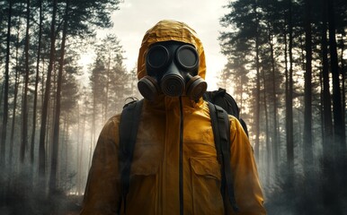 In a dark, overgrown forest, a person wearing a gas mask and a yellow raincoat is standing