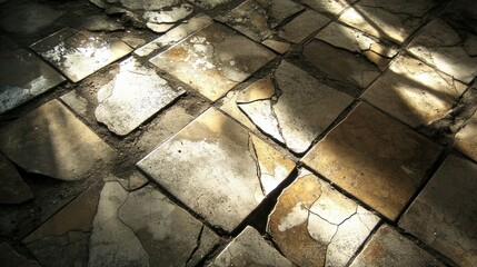 Crumbled tiles on a garage floor, sunlight casting shadows on the cracks and uneven surfaces