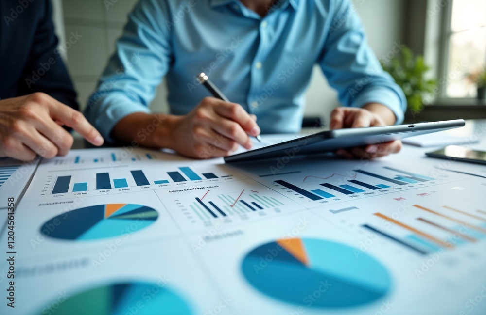 Aufkleber consultants analyze company financial documents using digital tablet, charts. teamwork focuses on fi