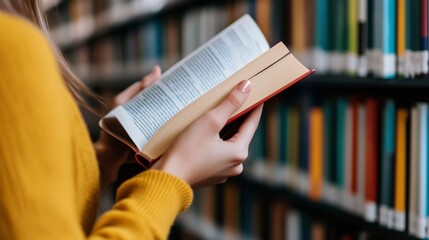 A woman is reading a book in a library. The book is open to a page with a red cover. The woman is holding the book in her hands and she is focused on the text. The library is filled with many books