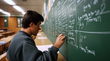 A man is writing on a blackboard in a classroom. He is wearing glasses and he is focused on his work. The blackboard is covered in equations and formulas