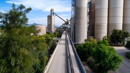 Fototapeta premium A large industrial plant with a long conveyor belt and a large number of tanks. Concept of industrialization and the importance of the plant in the local economy
