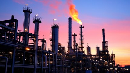 Obraz premium A large industrial plant with a large fire in the background. The sky is a beautiful orange and pink color