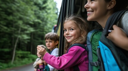 Naklejka premium A group of children are smiling and looking out the window of a bus. They are wearing backpacks and seem to be enjoying their trip