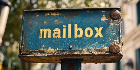 A weathered, vintage mailbox with a distressed, rustic appearance stands prominently against a blurred background of trees and building, showcasing aged charm and nostalgia