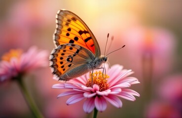 Beautiful butterfly rests on delicate pink flower. Nature scene shows soft lighting, bright colors. Macro photo captures detailed wings, flower petals. Perfect for spring summer themes. Image perfect