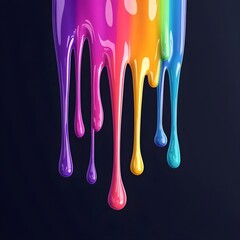 Spilled paint drops in various colors, creating an abstract, artistic display on a black background, with vibrant hues blending and dripping.

