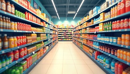 Wide supermarket aisle displays many colorful food products on shelves. Abundant variety of canned goods bottles, boxes lines rows. Retail environment bright, well-organized. Modern grocery store
