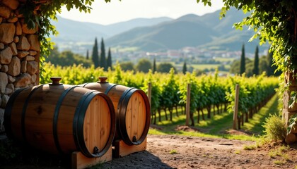 Wooden wine barrels stand in vineyard. Rich green grapevines extend to hills. Sunny day. Traditional agricultural scene. Rustic style. Beautiful rural landscape. Natural vinery setting. Summer