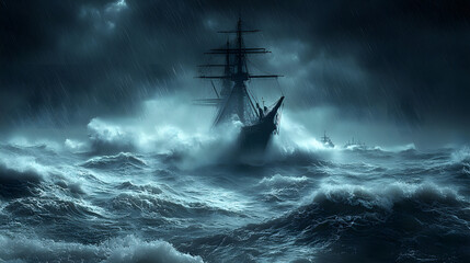 Obraz premium A group of ships are in the ocean, with one of them being a battleship. The scene is dark and stormy, with the ships being battered by the waves. Scene is intense and dramatic