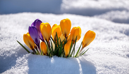 colorful yellow and purple crocuses emerging from the soft white snow in a beautiful spring scene