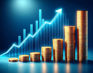visual illustration of financial growth with coins bars and an ascending graph on blue background