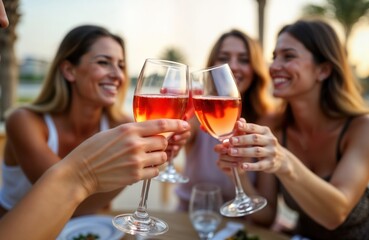 Group of happy female friends toasting with rose wine glasses outdoors in Dubai eatery. Enjoying summer vacation celebration. Women smiling, looking happy together. Stylish women clinking glasses
