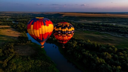 Fototapeta premium Aerial View of Two Hot Air Balloons Soaring Over Serene River Landscape at Sunset
