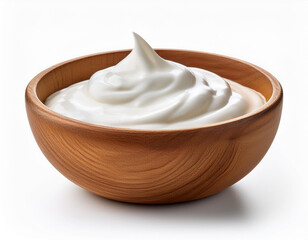 sour cream or yogurt in wooden bowl isolated on white background