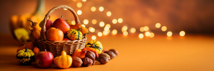 Autumn Harvest Basket of Gourds Apples Pears Nuts
