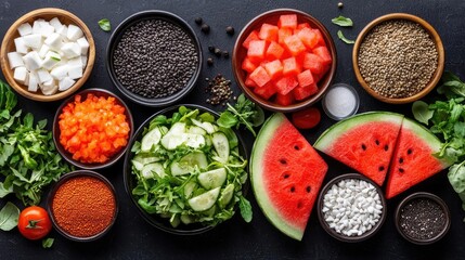 Summer watermelon salad ingredients, healthy food flatlay
