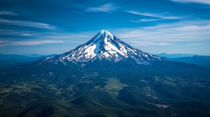 Fototapeta premium Majestic snow-capped mountain peaks sits under a flawless blue sky, offering a breathtaking panorama of nature's awe-inspiring beauty and vastness.