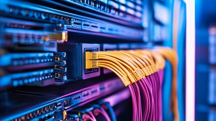 Naklejka premium A network server glows with interwoven cables, symbolizing connectivity and technological complexity.