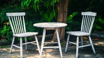 Rustic White Wooden Chairs and Table Garden Setting