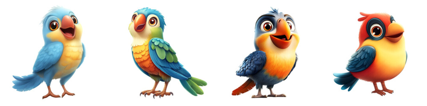 Set of Vibrant Cartoon Bird Illustrations with Playful Expressions &ndash; Perfect for Kids' Projects, Storybooks, and Digital Art &ndash; Isolated on Transparent Background
