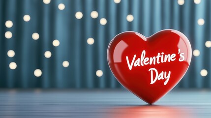 Red heart on blue festive background, Valentines day, with copy space