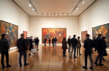 Art gallery interior. Many people view abstract artwork. Visitors observe colorful paintings. Modern art exhibition. Creative people enjoy contemporary art. Museum presentation. Cultural event.