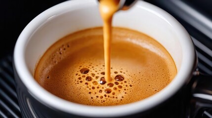 Espresso pouring into cup, close-up, coffee shop background, for cafe menu